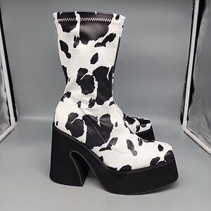 Nasty Girl Cows It Going Platform Boots Size 8 White Black Zipper Heeled